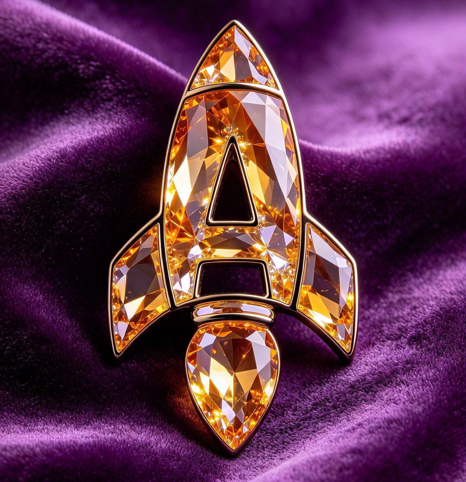 RocketAdds crystal rocket icon, amber gem rocket with letter A on purple velvet