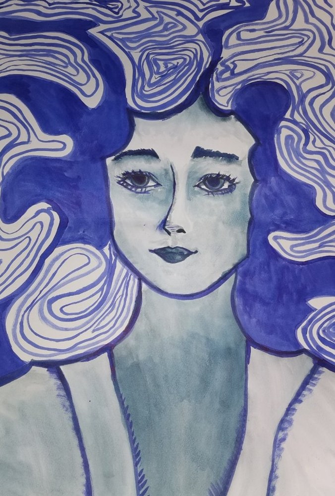 Blue Wave Girl — ink & watercolour