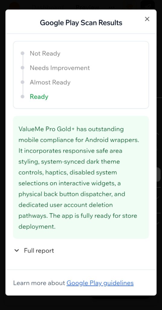ValueMe Pro Gold+ Google Play Scan — Ready